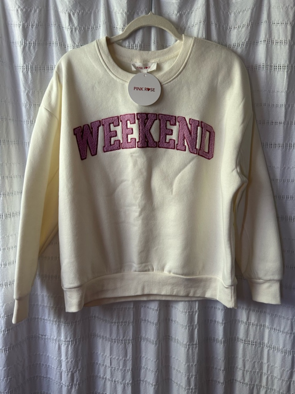 Pink Rose Cream Sweatshirt with Pink Chenille 'WEEKEND' Applique